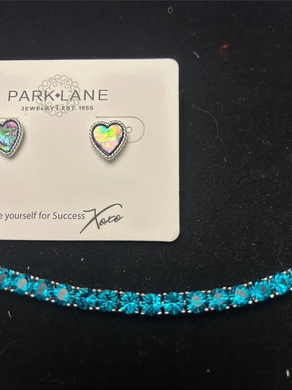 Park Lane Teal Crystal Tennis Bracelet with Iridescent Abalone Heart Earrings